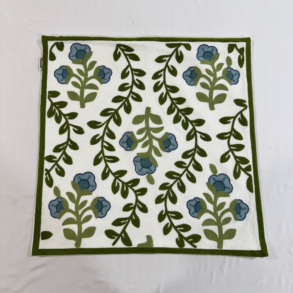 Pilmandu 18x18 Floral Embroidered Pillow Cover Cotton‎ Canvas Green Blue White